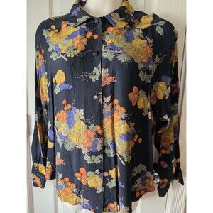 Carole Little Sz 14 Vintage Still Life Bountiful Fruit Rayon Blouse Shirt Top